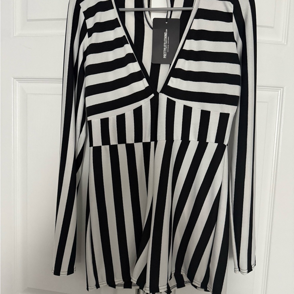 PrettyLittleThing Monochrome Striped Jumpsuit